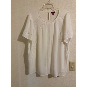 Vince Camuto Ivory Lace Trim Short Sleeve Blouse Plus Size 2X White Keyhole Back